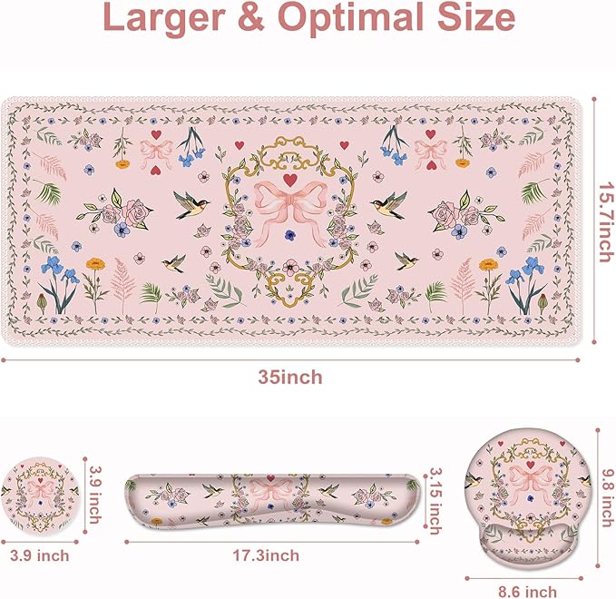 Romantic Pink Floral Mouse Pad, XXL Large Desk Mat Extended Reading Desk pad, 4PCS Non-Slip Rubber Base Computer Big Mousepads for Work, Game, Office, Home Decor Gifts Accessories I Cute Collection