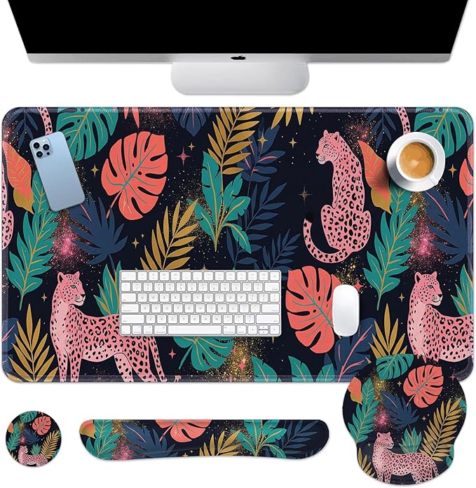 Arttown Leopard Tropical Pink Desk Mat Leaves Mouse Pad Set 4 in 1 Ergonomic Design Large Mouse Pad + Keyboard Wrist Rest + Mouse Wrist Rest + Coaster Suitable for Home Office Study Game