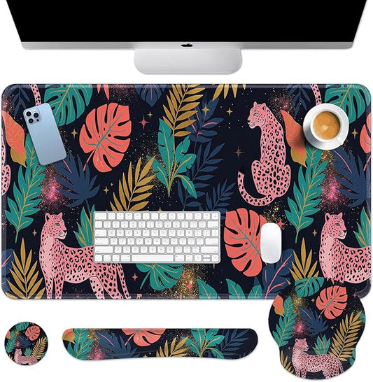 Arttown Leopard Tropical Pink Desk Mat Leaves Mouse Pad Set 4 in 1 Ergonomic Design Large Mouse Pad + Keyboard Wrist Rest + Mouse Wrist Rest + Coaster Suitable for Home Office Study Game