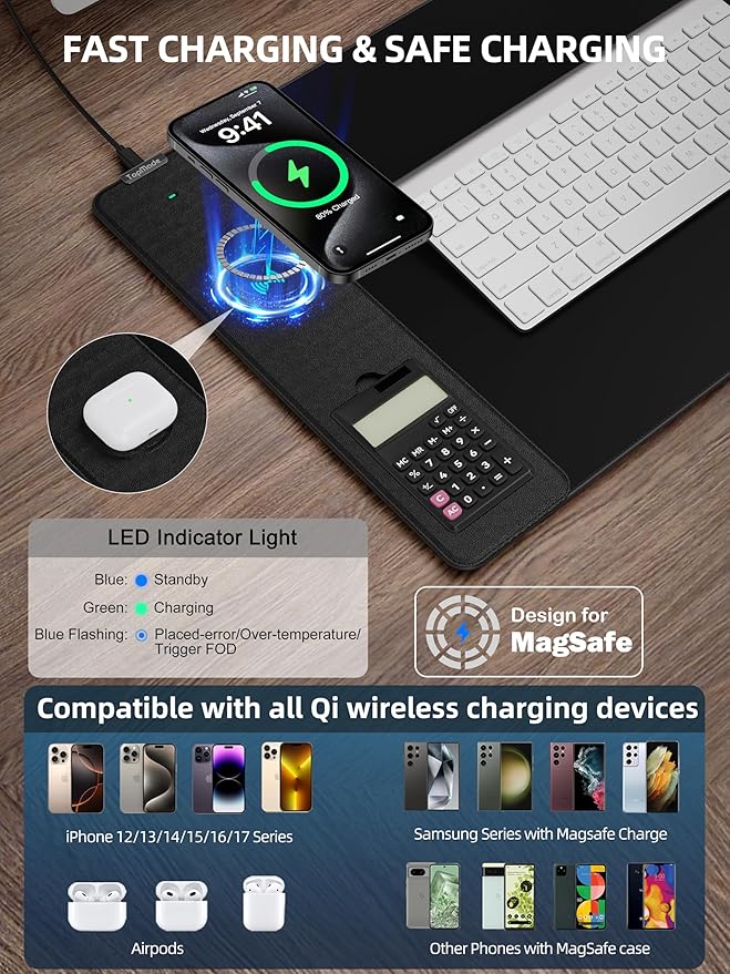 TopMade Mouse Pad with 15W Wireless Charging, Removable 8-Digit Solar Calculator, Exact Large Desk Pad, Waterproof Mousepad Home Office Desk Mat (Includes 20W PD Power Adapter & 6.56ft Woven Cable)