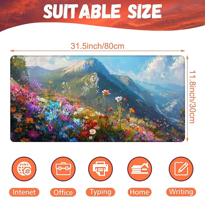Large Gaming Mouse Pad for Desk, Watercolor Colorful Wildflowers Desk Mat, Flowers On Mountains Desk Pad, 31.5"x15.7" Extended Big Computer Mouse Pad with Non-Slip Base and Stitched Edge