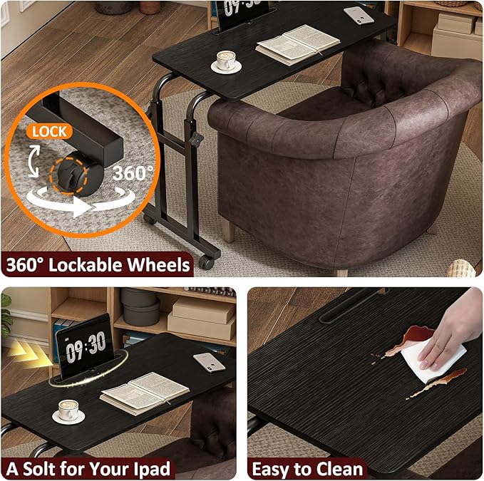 Overbed Table with Wheels, Adjustable Height and Length Over Bed Desk, Hospital Heavy Duty Metal Leg Laptop Stand for Adults