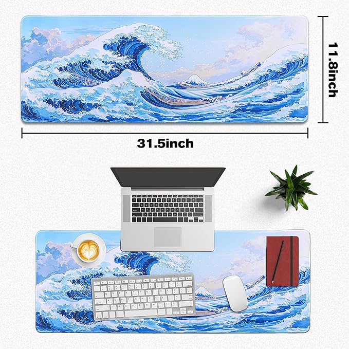 Mouse Pad Gaming - Desk Mat for Keyboard and Mouse - Kanagawa Cartoon Large Mouse Pads for Desk, Japanese Wave Gaming Mousepad (31.5" X 11.8") with Non-Slip Base for Game, Office and Home