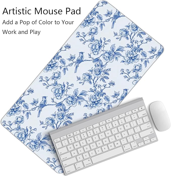 Navy Blue Chinoiserie Mouse Pad,Vintage Blue and White Floral Desk Mat,XL Large Flowers and Birds Preppy Mouse Pad,Girly Laptop Desk Mat for Dorm Home Office,23.6x11.8 Inch