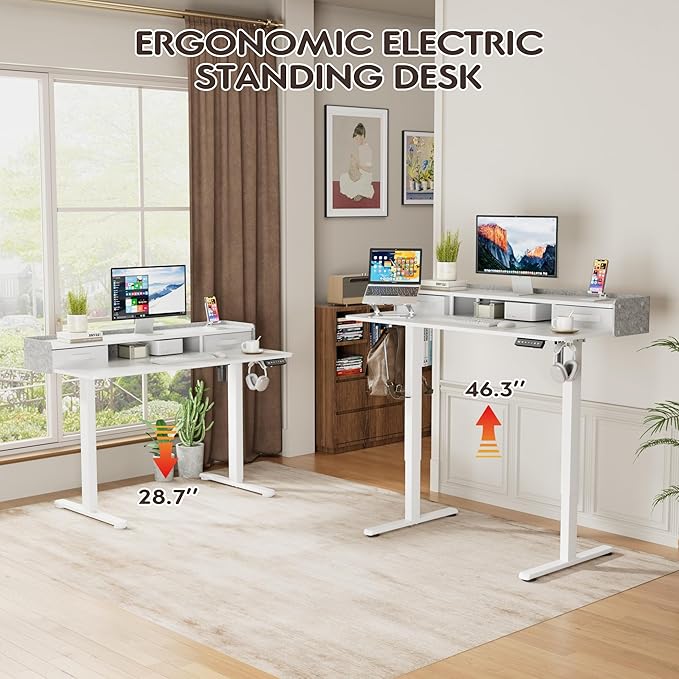Furmax Electric Standing Desk with Drawers, Stand Up Desk with Storage Shelf Height Adjustable Computer Desk with Organizer for Home Office Ergonomic(White, 48 Inch)