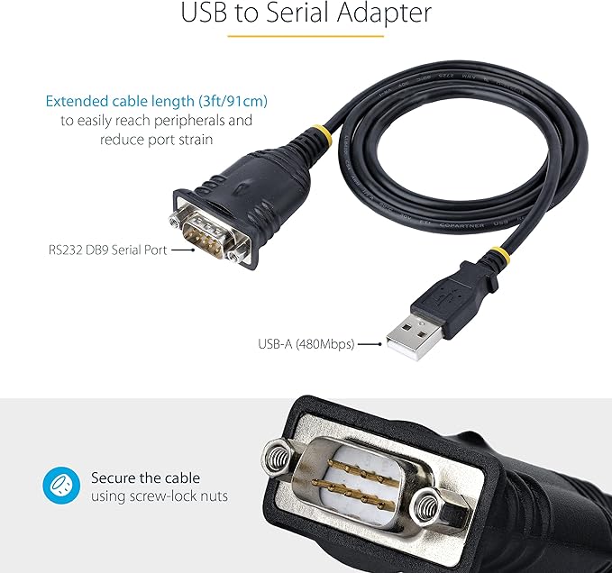 StarTech.com 3ft (1m) USB to Serial Cable, DB9 Male RS232 to USB Converter, Prolific IC, USB to Serial Adapter for PLC/Printer/Scanner/Switch, USB to COM Port Adapter, Windows/Mac (1P3FP-USB-SERIAL)