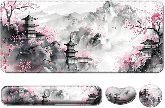 Keyboard Wrist Rest + Mouse Pad with Wrist Support + Desk Mat + Coaster 4 in 1 Set,Desk Matt for Desktop,Cute Large Gaming Ergonomic Mousepad for Computer Laptop Office Home Decor-Japanese Anime