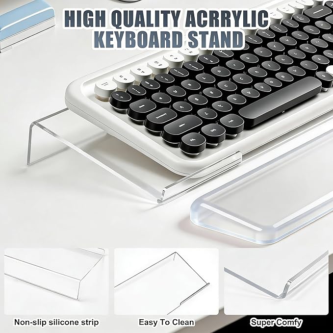 Acrylic Computer Keyboard Stand with Gel Wrist Rest Set,Ergonomic Keyboard Riser for Desk Easy Typing with Gel Keyboard Pad, Anti-Slip Comfort Keyboard Wrist Pad Relief Pain (Clear)