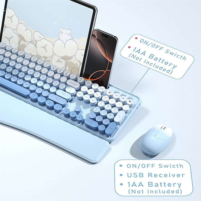 Colorful Wireless Computer Keyboard and Mouse Combo with Phone Holder, Wrist Rest, Typewriter Keys, 2.4GHz Wireless, Full-Sized Optical Mouse for PC and Laptop(Blue Colorful)