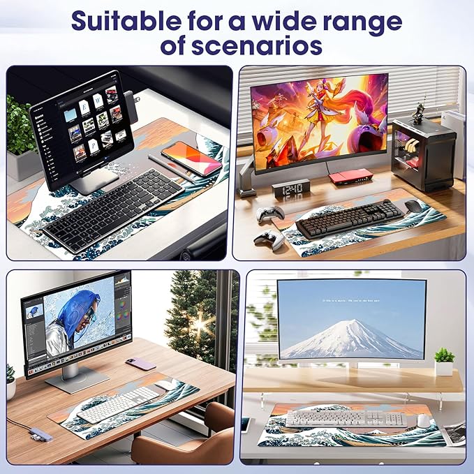 Japanese Sea Wave Large Gaming Mouse Pad – 31.5" x 15.7" Full Desk Mat, Non-Slip Rubber Base, Stitched Edges, Waterproof Durable Surface for Esports, Office, Home