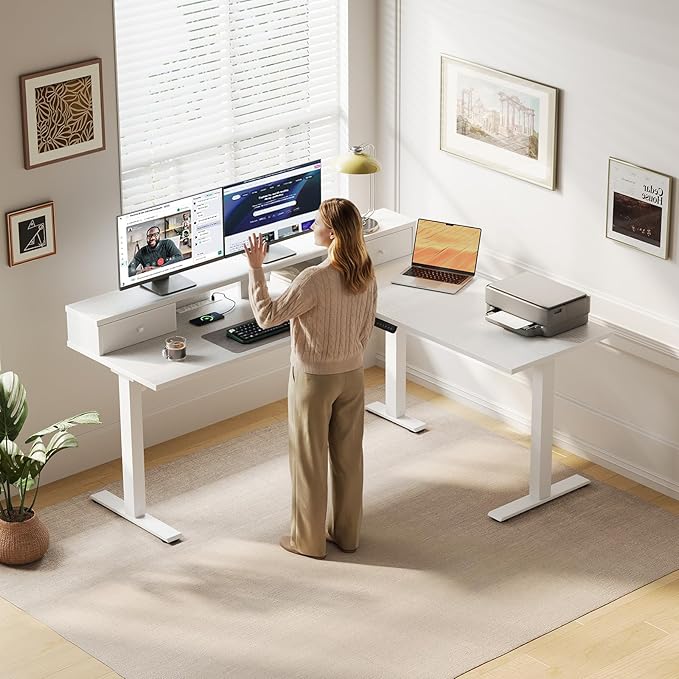 Casaottima 59 Inch Electric L-Shaped Standing Desk with Drawers, Height Adjustable Stand Up Corner Desk with Monitor Stand, Lift Table for Home, Office, Workstation, White