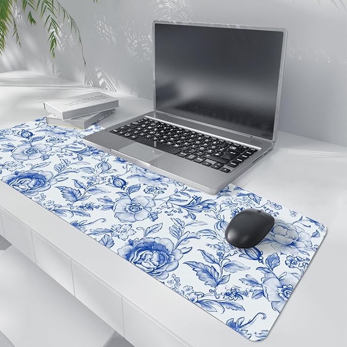 Blue Chinoiserie Mouse Pad,Blue and White Floral Desk Mat,XL Large Floral Preppy Trendy Mouse Pad,Girly Gaming Mousepad,Girly Laptop Desk Mat for Dorm Home Office Decoration,31.5x11.8 Inch