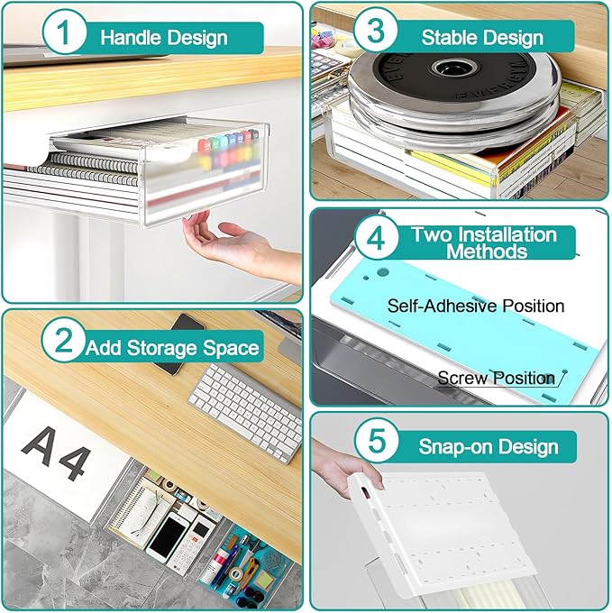 Under Desk Table Drawer Storage Organizer,3 Pack Small & Medium & Large Slide Out Desk Drawers - Hidden Desktop Organizer,Adhesive Storage Pencil Tray Under Table(Clear/LMS)