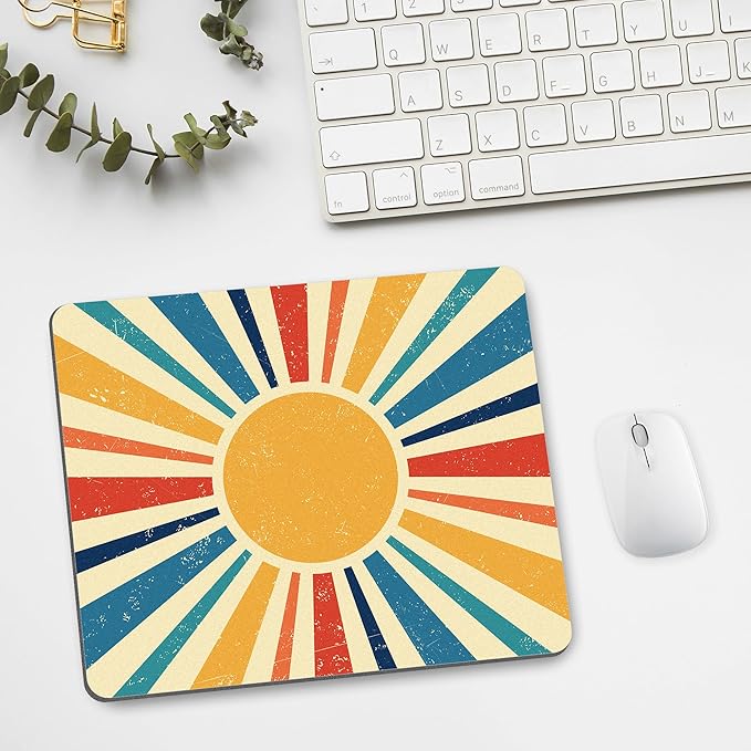Retro Sun Mouse Pad Desk Mousepad Yellow Blue Rainbow Abstract Boho Vintage Aesthetic Square Computer Cute Washable Small Mat Non-Slip Rubber Gaming Office Laptop Wireless Travel Accessories