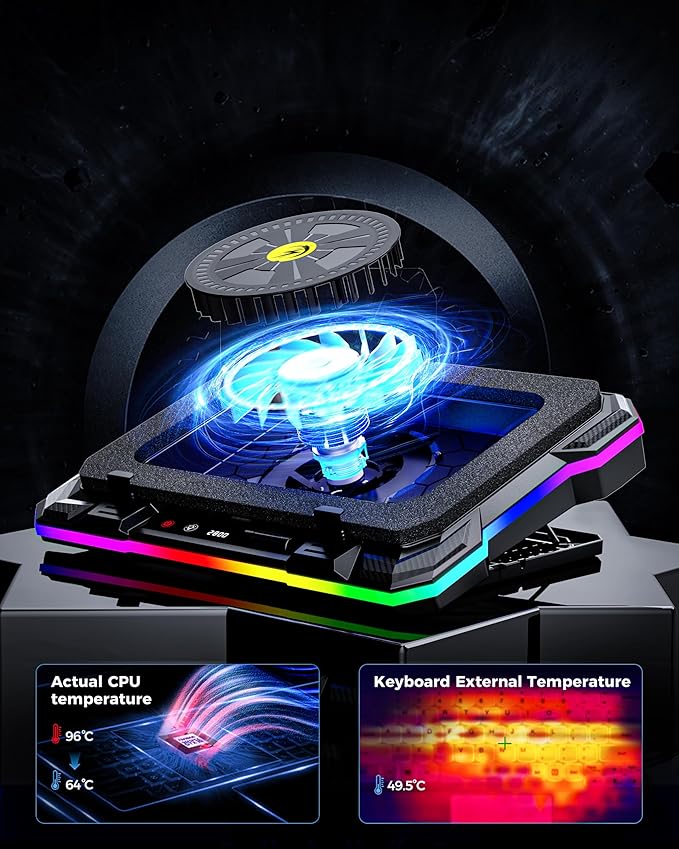 AICHESON Gaming Laptop Cooler Cooling Pad, Ultra Cooling with 10°C-35°C Temperature Drop, RGB Turbo Fan Stand Base for 14-19 inch Computer Laptops
