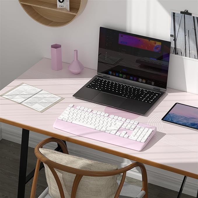 Wireless Bluetooth Keyboard, Ergonomic Wireless Keyboard with Wrist Rest, 2.4GHz & Bluetooth Dual-Mode Compatibility for PC, Laptop, Windows, Mac, and More (White Pink)