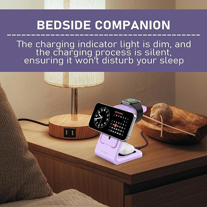 3 in 1 Wireless Charging Station: 5000mAh Removable Power Bank Charger Stand for Phone/Watch/Air Pods - Portable Magnetic Battery Pack for Air 17 16 15 14 13 12 Series Purple
