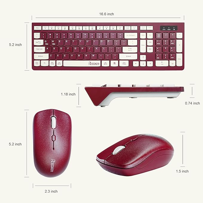 Wireless Keyboard and Mouse Combo, Reccazr 2.4G Full-Sized Keyboard and Mouse Cordless, 3 DPI Adjustable Mouse, Dual-System Keyboard for Computer/Laptop/Windows/Mac (Wine red)