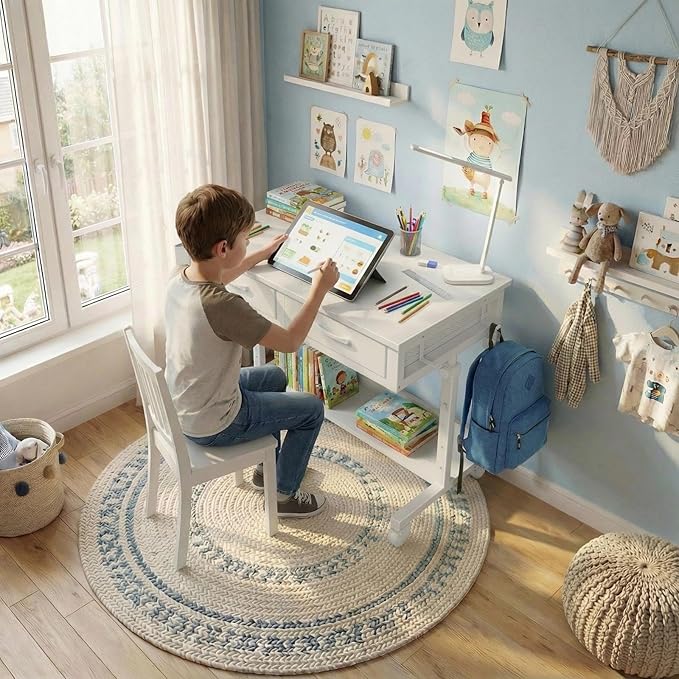 Small White Portable Rolling Standing Desk with Drawers & Storage Shelf, 32 Inch Mobile Stand Up Desk Adjustable Height with Wheels for Home Office, Kids Desks Couch Sofa Side Laptop Craft Table