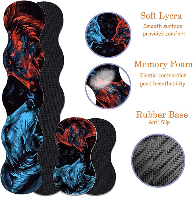 Large Gaming Mouse Pad + Keyboard Wrist Rest + Wrist Support + Coaster Set, Memory Foam Ergonomic for Easy Typing, XXL Extended Gaming Mouse Pad Table Pad - Flame Double Wolf