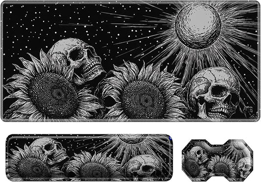 3Pcs Mouse Pad Set, Gothic Skull Sunflowers Large Gaming Mouse Pad with Stitched Edge, Ergonomic Memory Foam Keyboard Wrist Support and Mouse Wrist Rest Cushion, Pain Relief Non-Slip Desk Pad Combo