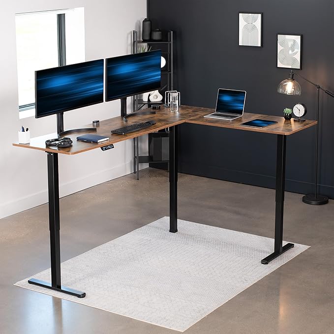 VIVO Corner Standing Desk, 84 x 63 inch Reversible L-Shaped Workstation, Electric Height Adjustment, Home, Office, and Reception Rooms, Rustic Vintage Brown Table Top Black Frame, DESK-E3CTBN-84
