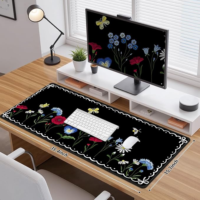 Desk Pad for Keyboard and Mouse, Large Mouse Pad for Desk, Non-Slip Keyboard Mat, Computer Mats for Desk, Desk Pad with Stitched Edges for Office, Gaming I Lovely Black Plants
