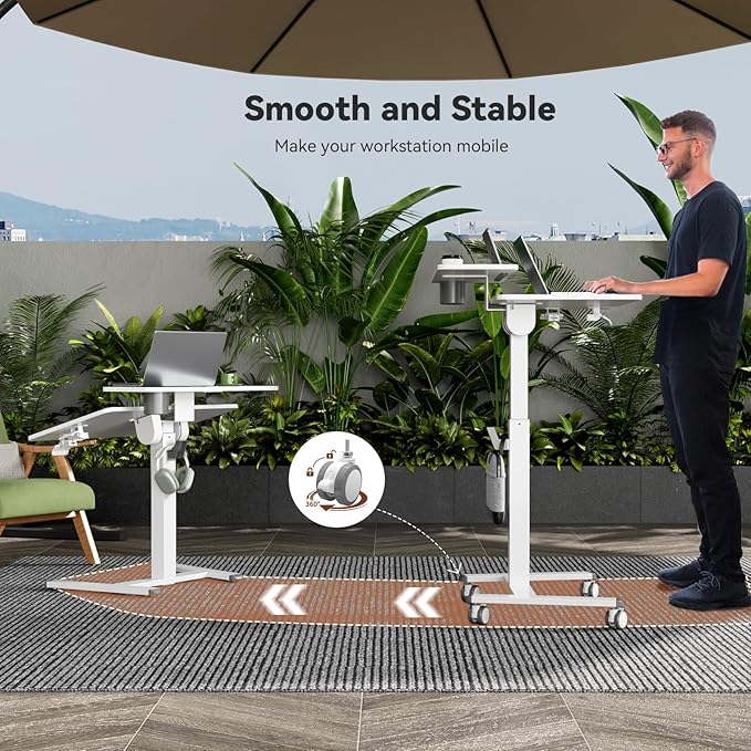 28Inch Mobile Standing Desk On Wheels， Rolling Laptop Stand with Tiltable Desktop， Small Computer Workstation Adjustable Height， 2-Tier Portable Study Table with Storage Shelves， White