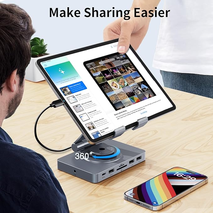 360° Rotating USB C Docking Station for iPad Pro, Tablet, Samsung, Steam Deck, ROG Ally, Legion Go, Msi Claw, etc, 11-in-1 with SD TF 4.0 Reader, 4K@60Hz HDMI, RJ45, Audio, USB A, USB C