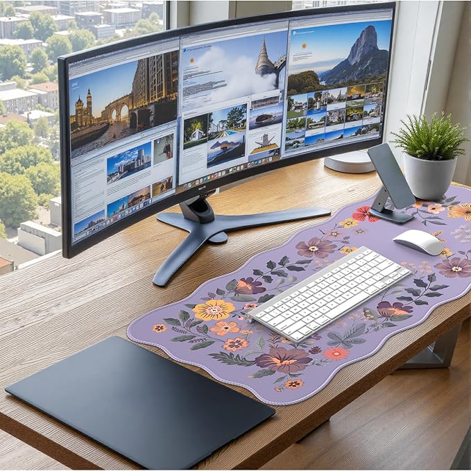 iCasso Large Mouse Pad, Scalloped Desk Matt for Desktop, Desk Pad Mat, Anti-Slip Big Mousepad with Stitched Edges, Floral Desk Mat for Keyboard and Mouse for Computer (Purple)