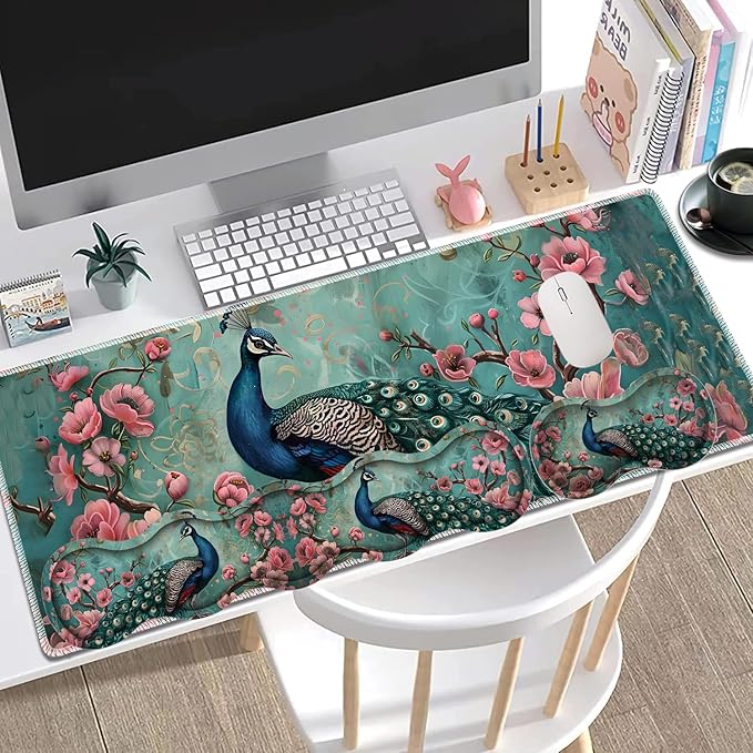 Large Gaming Mouse Pad + Keyboard Wrist Rest + Wrist Support + Coaster Set, Memory Foam Ergonomic for Easy Typing, XXL Extended Gaming Mouse Pad Table Pad - Peacock