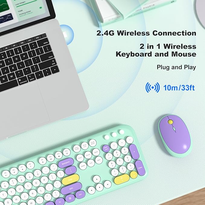 Wireless Keyboard and Mouse Set, SQMD Typewriter Full Size Keyboard with Number Pad, 2.4G USB Cute Typewriter Keyboard and Mouse Combo, for Windows 7/8/10, Laptop, Desktop, PC - Blue Colorful