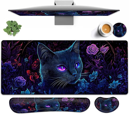 Large Mouse pad and Keyboard Support Set, Ergonomic Memory Foam Keyboard Wrist Rest, Extended Gaming Mouse Pad with Stitched Edges, Black Light Cat XXL Desk Mat (31.5 X 11.8 in)