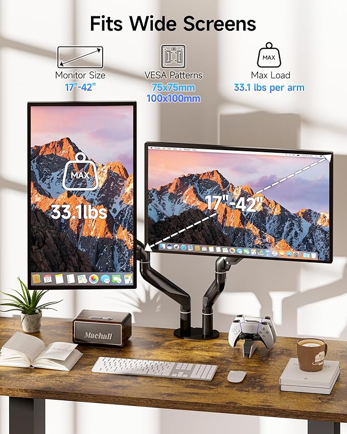 BIZUM Dual Monitor Stand for 17″-42", Heavy Duty Ultrawide Monitor Arm Dual-Monitor Mount VESA Mount with Clamp/Grommet Base, Holds 33.1lbs per Arm, Black