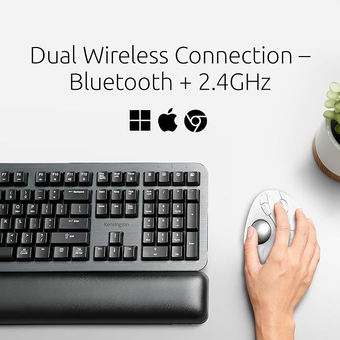 Kensington TB450 Wireless Trackball Mouse, Bluetooth LE & 2.4GHz Connection, 4 DPI Options, Connect up to 3 Devices (K72179WW), White-Silver