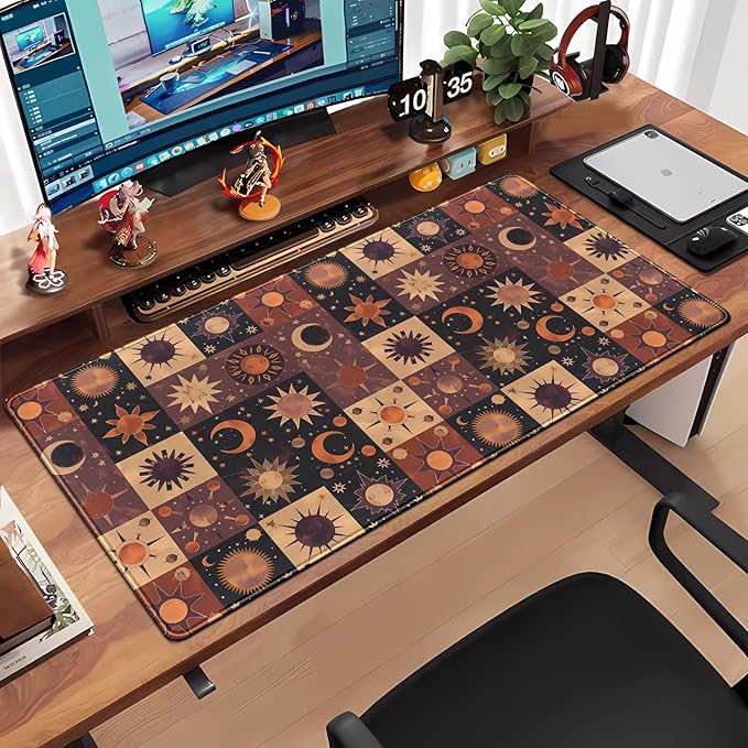 Cute Celestial Desk Mat Aesthetic Desk Pad Cottagecore Large Mouse Pad XXL 31.5''X15.7'' with Stitched Edges Gaming Mousepad Extended Keyboard Mouse Mat for Computer Laptop Gamers