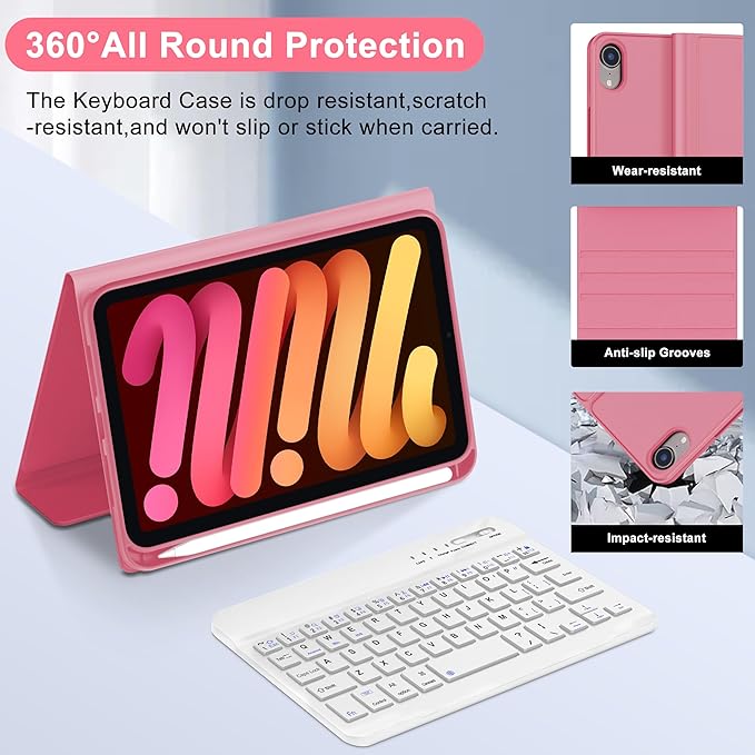BORIYUAN iPad mini 7th Gen 2024 (A17 Pro) & iPad mini 6 Keyboard Case 2021, Detachable Wireless Bluetooth Keyboard Slim Folio Smart Cover with Pencil Holder for iPad mini 7th/6th Gen 8.3 inch - Red