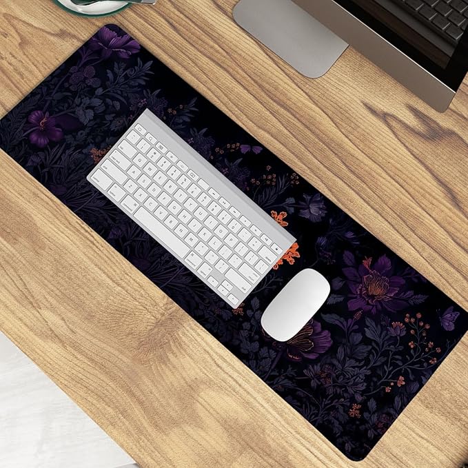 Gothic Purple Butterfly Floral Mouse Pads,Dark Aesthetic Cottagecore Mouse Pad,Mystical Botanical Flower Desk Mat,Purple Botanical Desk Mat for Home Office Dorm Desktop Decor,31.5x11.8 Inch