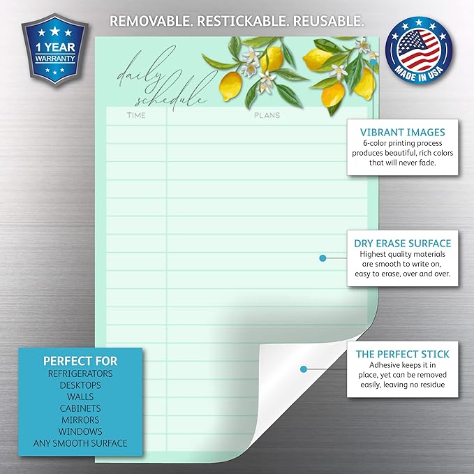 Dry Erase Daily Schedule Planner Sticker Decal by Glassboard Studio | Removable & Reusable | Magnetic Fine-Tip Marker Included (6 x 9 inches, Vintage Lemon)