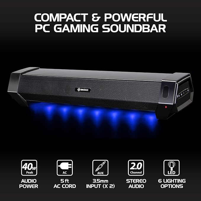 ENHANCE Gaming Attack Sound Bar PC Speaker - Under Monitor Soundbar Computer Speaker with Loud 40W Hi-Fi Audio, 3 LED Color Modes, and Dual Inputs for PC, Laptop, or Phone AUX