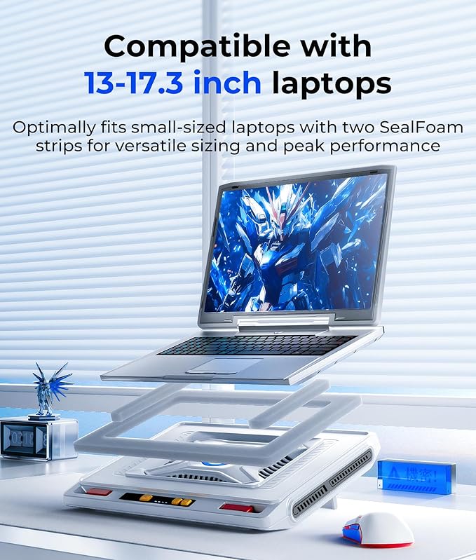 llano V10 Laptop Cooling Pad with Powerful Turbofan, Gaming Laptop Cooler with Adjustable Variable Speed, ButtonControl,LCD Screen, Seal Foam for Rapid Cooling Laptop13-17.3in (White)