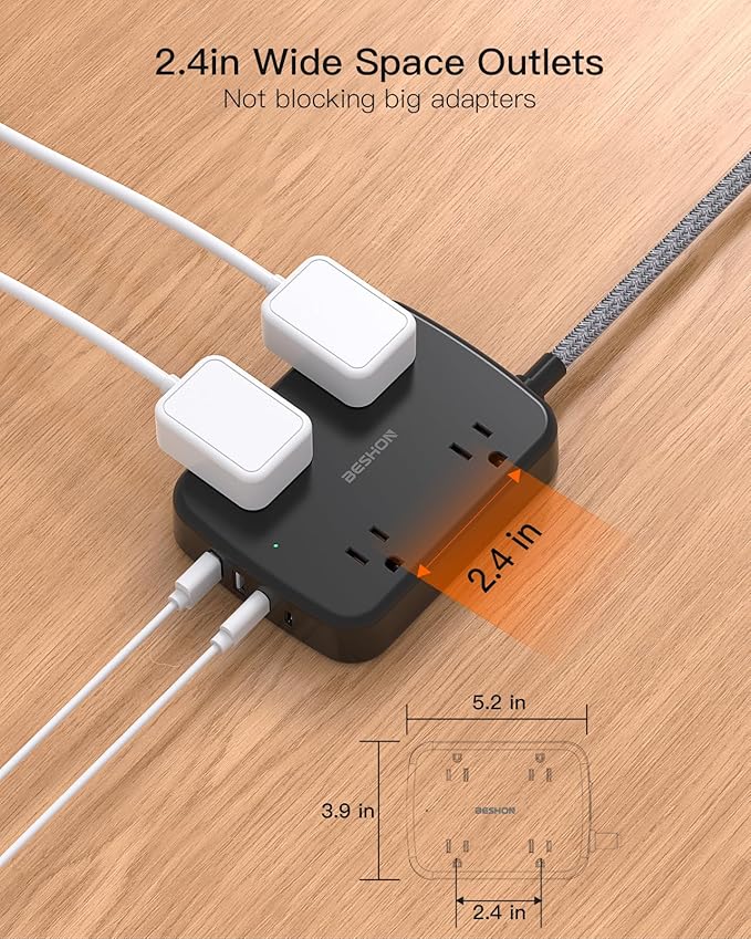 10FT Surge Protector Power Strip, BESHON Flat Extension Cord with 2 USB C, Flat Plug Power Strip, 4 Widely Outlets and 4 USB Charging Ports, 900 Joules, for Home Office Dorm Room Essentials,Black