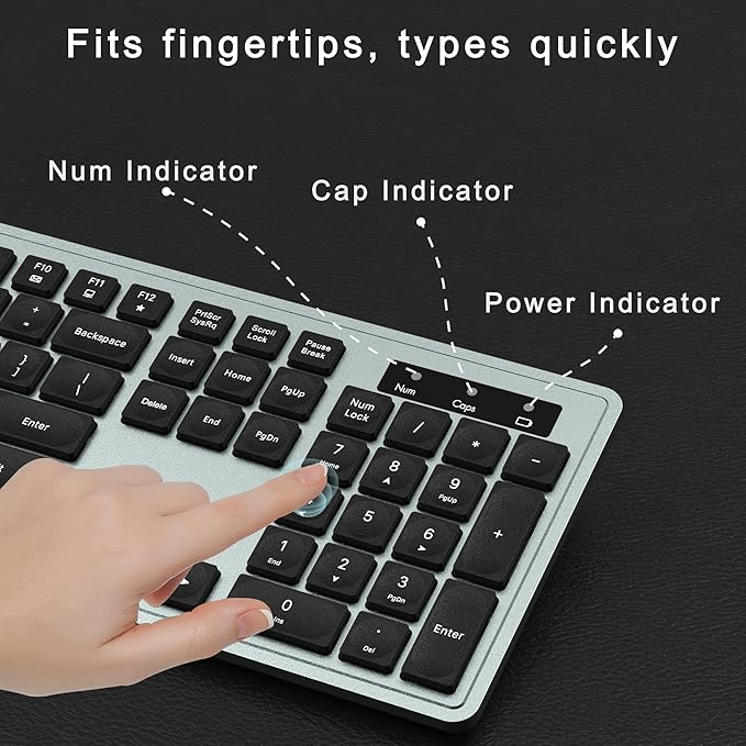 Wireless Keyboard and Mouse Combo, Full-Size 104-Key Office Keyboard with 15 Function Keys, Numeric Keypad, Single USB Receiver, Compatible with PC and Laptop(Gray)