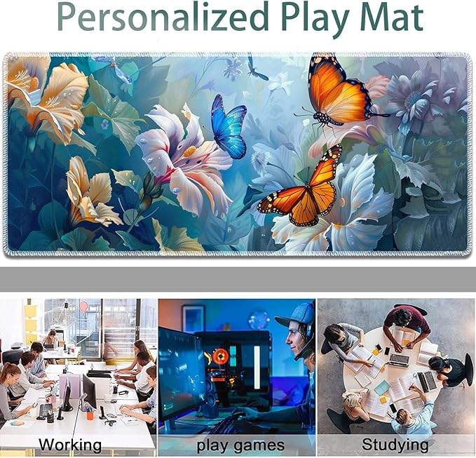 Large Gaming Mouse Pad + Keyboard Wrist Rest + Wrist Support + Coaster Set, Memory Foam Ergonomic for Easy Typing, XXL Extended Gaming Mouse Pad Table Pad - Painting Butterfly