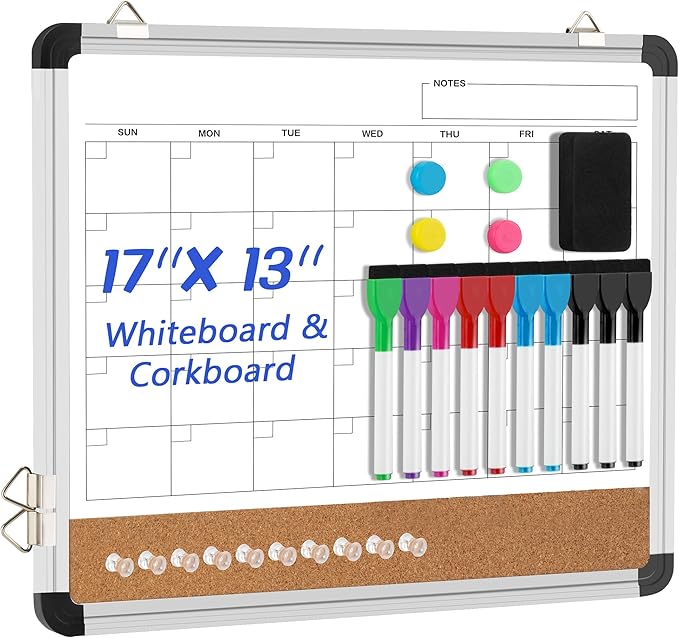 VUSIGN Dry Erase Calendar Whiteboard for Wall, 17'' x13'' Magnetic Whiteboard Cork Board Combo, Small Monthly White Board with Marker, Eraser & Push Pins in Home Office Kitchen School Planner