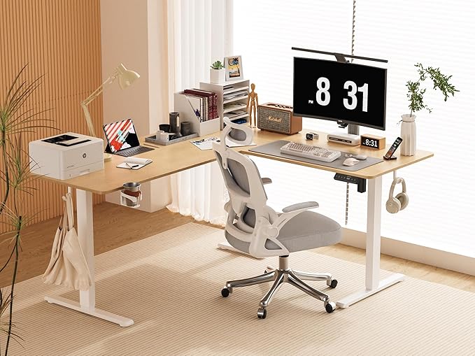 63X55 Inches Reversible L Shaped Standing Desk Height Adjustable with Cup Holder, Electric Corner Computer Desk, Sit Stand up Home Office Desk, Ergonomic Gaming Desk, Oak