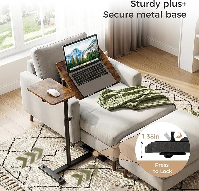 Rolling Table for Laptop Stand, Height and Angle Adjustable Over Bed Table with Wheels, Tilt-Top Laptop Desk for Couch with Cup Holder, Bed Table Tray for Eating (Rustic)