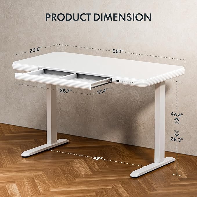 FLEXISPOT Comhar Electric Pure Glass Standing Desk with Drawer Desktop & USB Charge Ports, 48" Ergonomic Height Adjustable Sit to Stand Desk for Home Office (White, Glass)