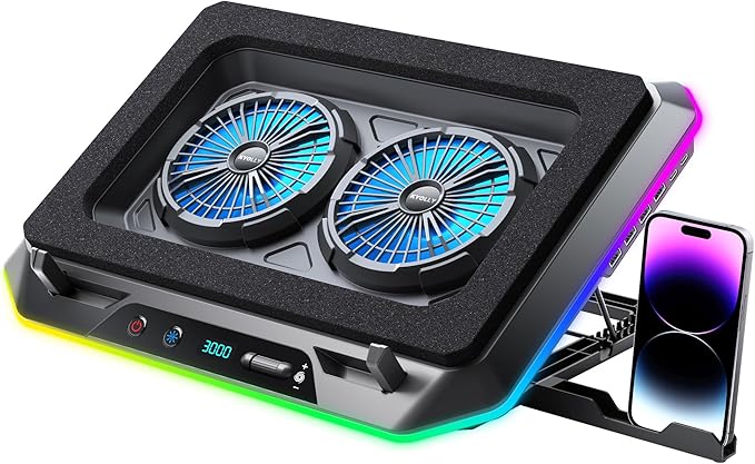 RGB Gaming Laptop Cooling Pad with Two Turbo Fan, Rapid Cooling for 15.6-19.3" Laptops, Variable Speed Control, 6 Adjustable Heights A5