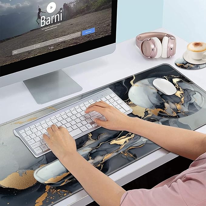 Keyboard Wrist Rest and Mouse Pad Wrist Support Set,Ergonomic Memory Foam Wrist Pad & Non Slip Base for Home Office Working Studying Easy Typing,Pain Relief(Black Gold Marble)
